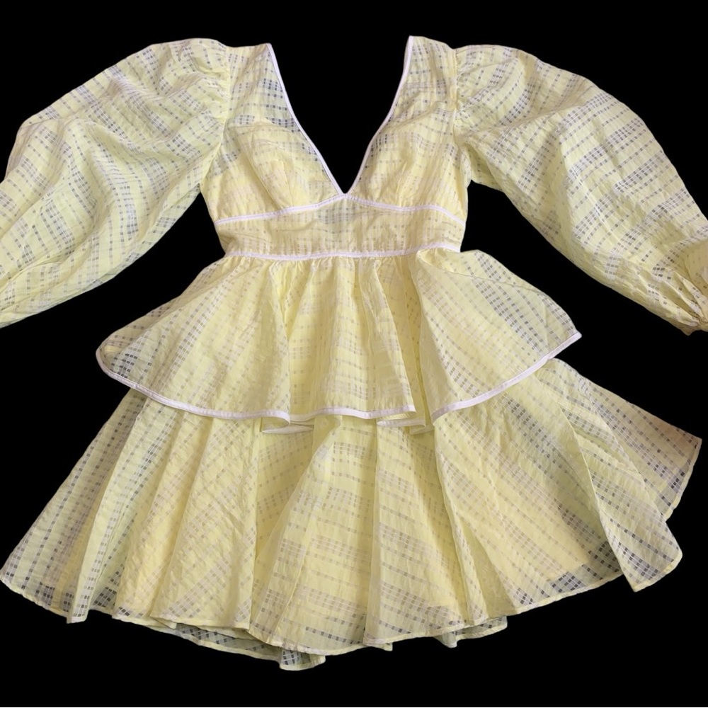 STAUD Yellow Sheer Organza Tiered Mini Dress Puff Sleeve V Neck Size 2 NWOT - Picture 10 of 12